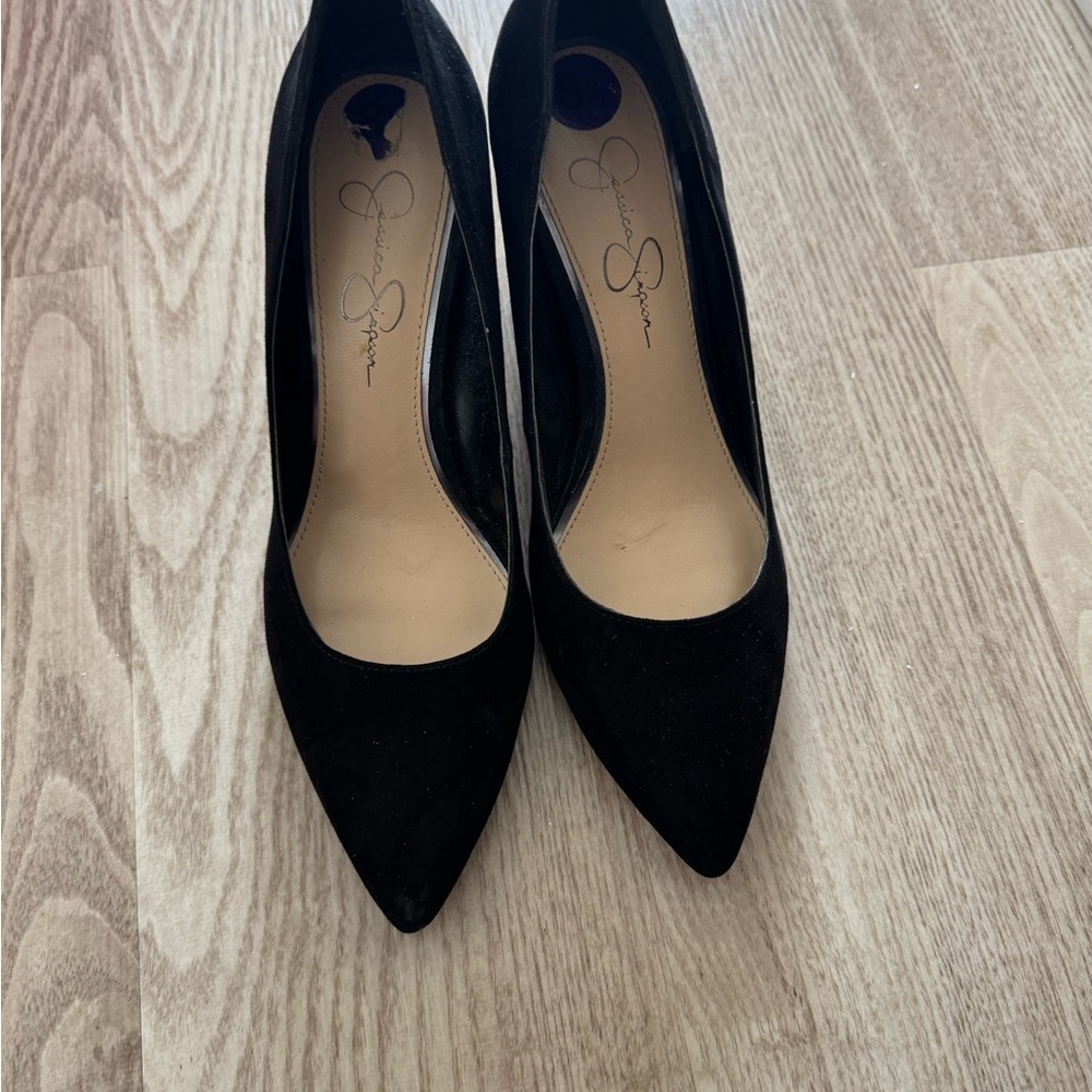 Jessica Simpson Black Suede Pointed Block Heels with Studded Accent 8.5
